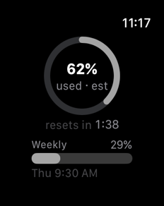 MeterTab on Apple Watch: the 5-hour ring at 62% used, time to reset, and the weekly bar underneath.